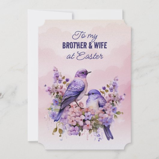 2つの紫色の鳥の春の花ブラザー妻イースター シーズンカード (正面)