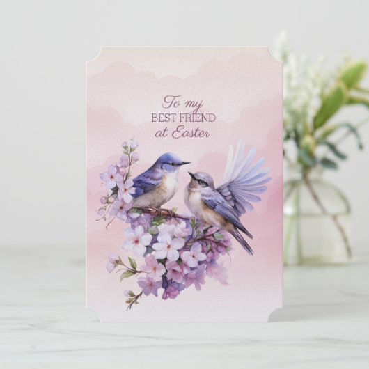 2つの紫色の鳥の春の花最高のの友よイースター シーズンカード (スタンド正面)