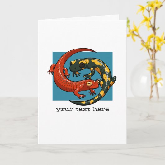 2つの絡み合った笑顔のサラマンダーの友人の漫画 カード (黄色い花)