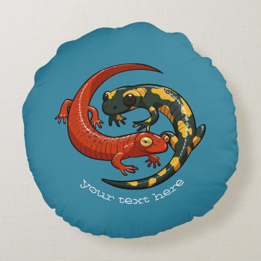2つの絡み合った笑顔のサラマンダーの友人の漫画 ラウンドクッション (裏面)