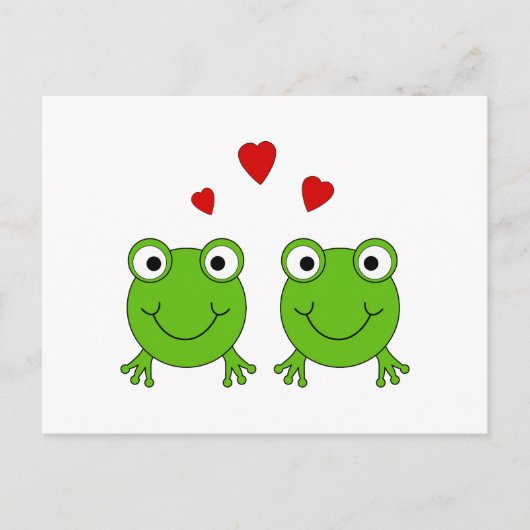 2つの緑のカエルと赤いハート。 ポストカード (正面)