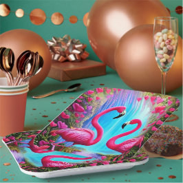 2つの美しいピンクのフラミンゴのラブグラフィック ペーパープレート