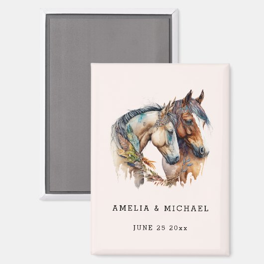 2つの美しい馬のウェスタンウェディング日付を保存 マグネット (正面/裏面)