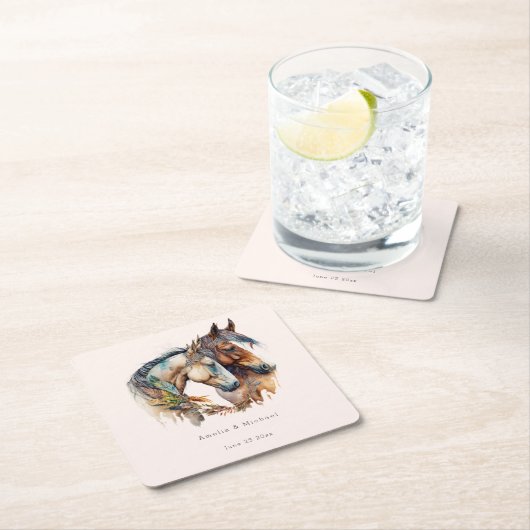 2つの美しい馬ウェスタンボホ結婚ズ スクエアペーパーコースター (インサイチュ)