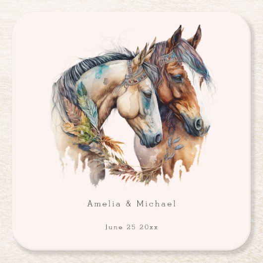 2つの美しい馬ウェスタンボホ結婚ズ スクエアペーパーコースター (正面)