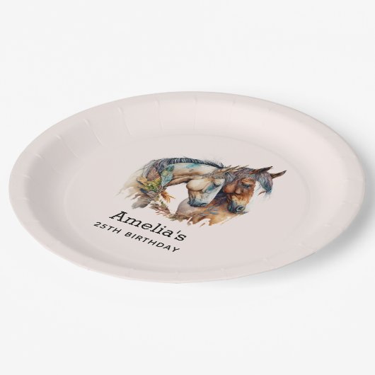 2つの美しい馬ウェスタンボホ誕生日 ペーパープレート (アングル)