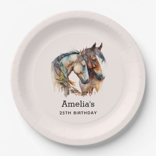 2つの美しい馬ウェスタンボホ誕生日 ペーパープレート (正面)
