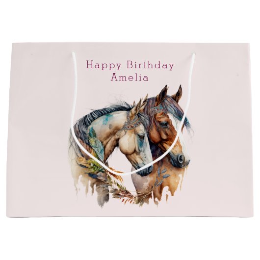 2つの美しい馬ウェスタンボホ誕生日 ラージペーパーバッグ (正面)