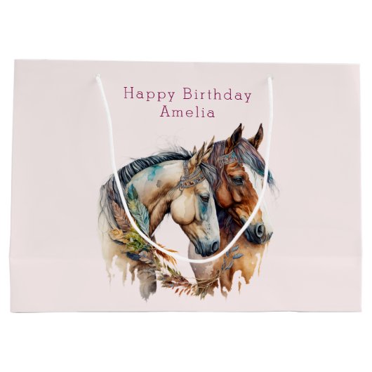 2つの美しい馬ウェスタンボホ誕生日 ラージペーパーバッグ (裏面)