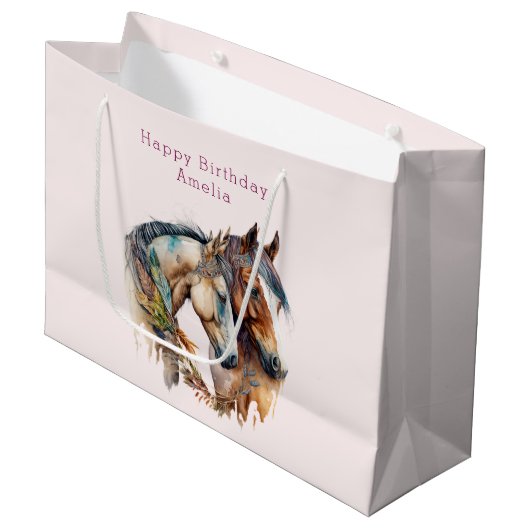 2つの美しい馬ウェスタンボホ誕生日 ラージペーパーバッグ (正面アングル)