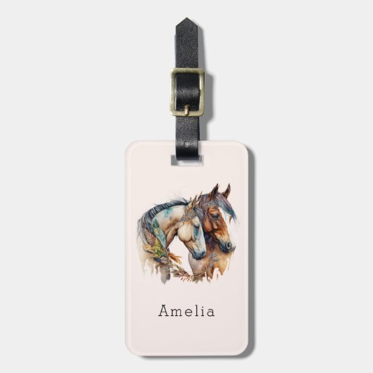 2つの美しい馬ウェスタンボホ ラゲッジタグ (正面縦)