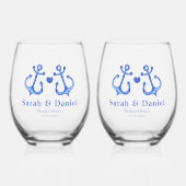 2つの航海のネイビーいかりとハート – ネイビー結婚ズ ステムなしワイングラス (正面)