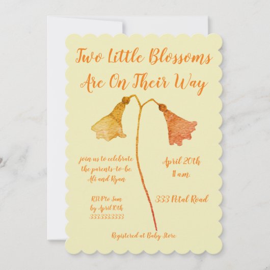2つの花オレンジ色の花双生児シャワー 招待状 (正面)