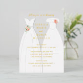 2つの花嫁のドレ結婚スビアンカップルのシャワー 箔招待状 (立ち正面)
