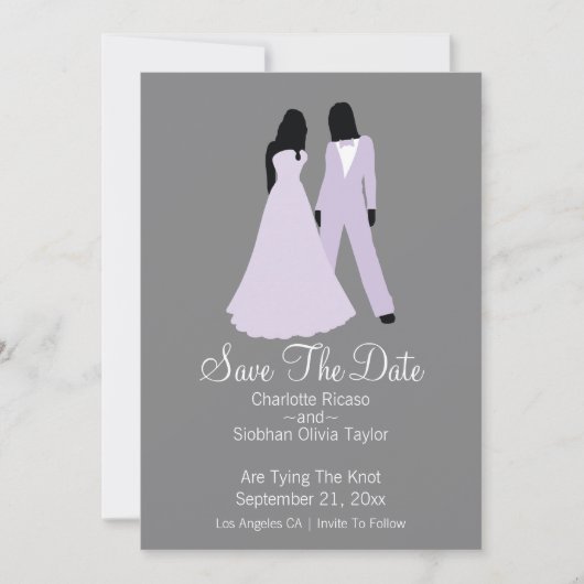 2つの花嫁は日付結婚(薄紫とグレー)を保存 案内状 (正面)