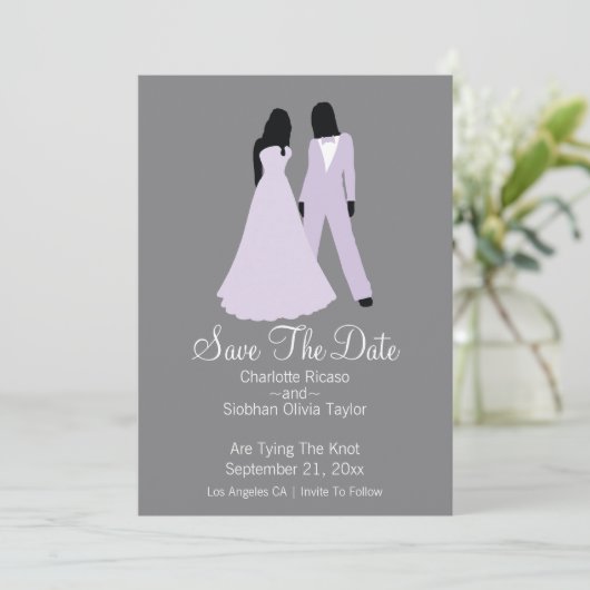 2つの花嫁は日付結婚(薄紫とグレー)を保存 案内状 (スタンド正面)