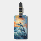 2つの芸術的ジャンピングドルフィンズサンセット海 ラゲッジタグ (正面縦)