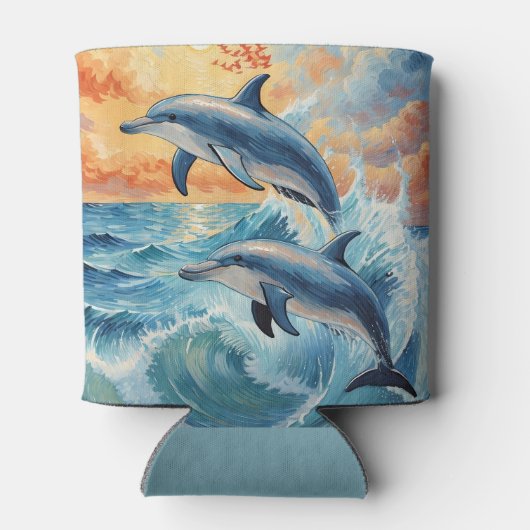 2つの芸術的ジャンピングドルフィンズサンセット海 缶クーラー (裏面)