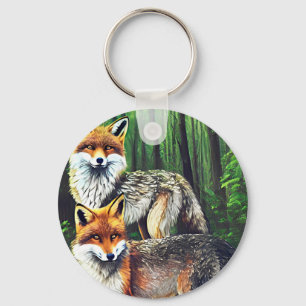 2つの若いキツネ動物自然野生動物アート キーホルダー