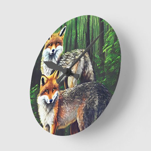 2つの若いキツネ動物自然野生動物アート ラウンド壁時計 (傾斜)