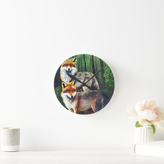 2つの若いキツネ動物自然野生動物アート ラウンド壁時計 (ホーム)