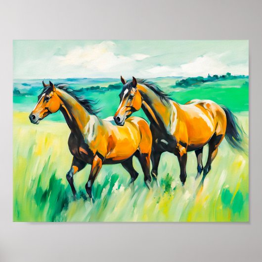 2つの茶色の馬の走馬の緑の草原の向こう ポスター (正面)