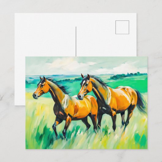 2つの茶色の馬の走馬の緑の草原の向こう ポストカード (正面/裏面)