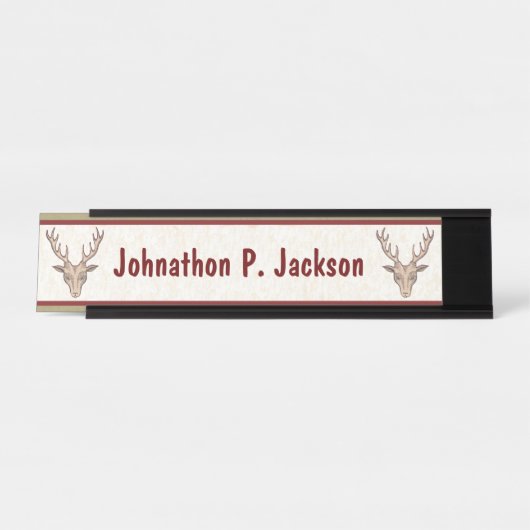 2つの茶色親愛の頭〔雄ジカの〕枝角白縁ど赤 デスクネームプレート (正面)