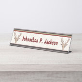 2つの茶色親愛の頭〔雄ジカの〕枝角白縁ど赤 デスクネームプレート (正面)