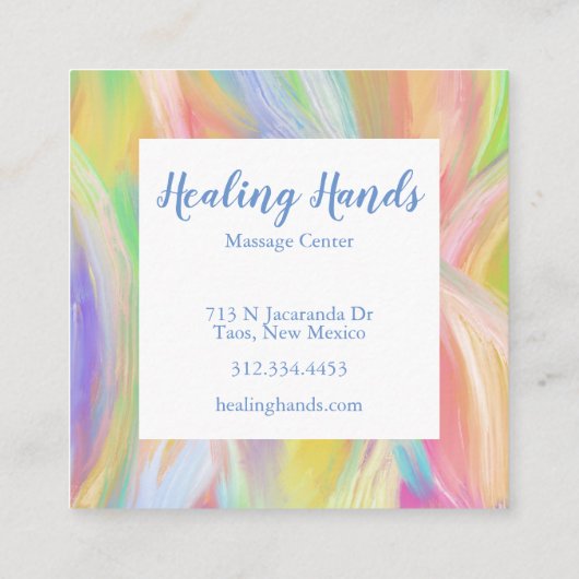 2つの虹の癒しの手はペリウィンクル スクエア名刺 (裏面)