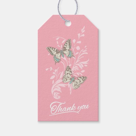 2つの蝶スケッチピンク感謝していクユーのギフトラベル ギフトタグ (正面)