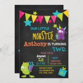 2つの誕生日の招待状を回している小さいモンスター 招待状 (正面/裏面)