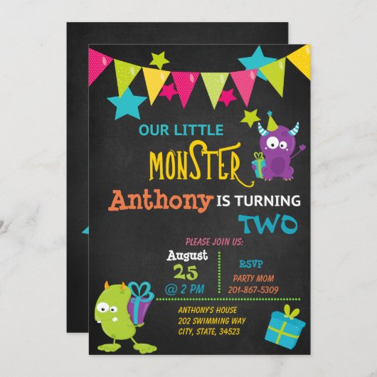 2つの誕生日の招待状を回している小さいモンスター 招待状 (正面/裏面)