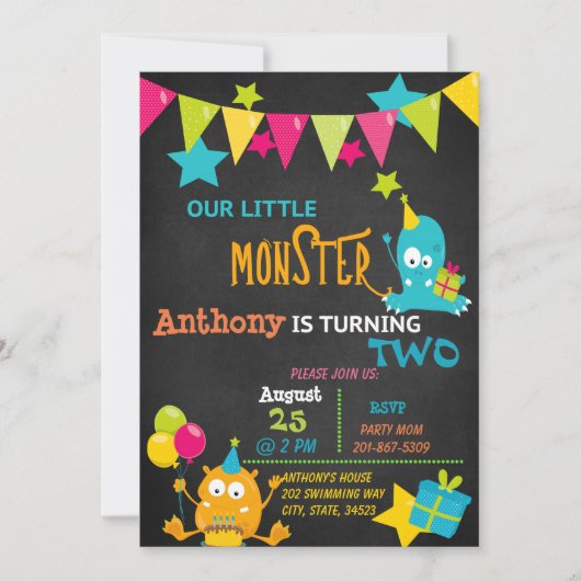 2つの誕生日の招待状を回している小さいモンスター 招待状 (正面)