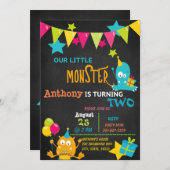 2つの誕生日の招待状を回している小さいモンスター 招待状 (正面/裏面)