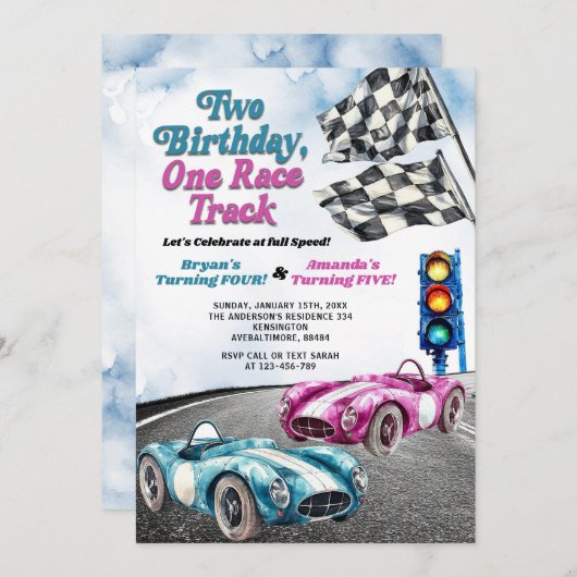 2つの誕生日ワンレーストラックレースカージョイン誕生日 招待状 (正面/裏面)