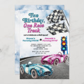 2つの誕生日 1つのレース トラック レース カー ジョイン 誕生日 招待状 (正面/裏面)