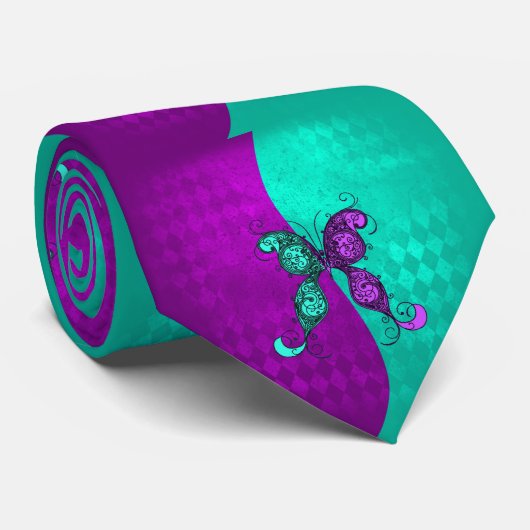 2つの調子の紫色およびターコイズのティール（緑がかった色）の蝶 ネクタイ (ロール)