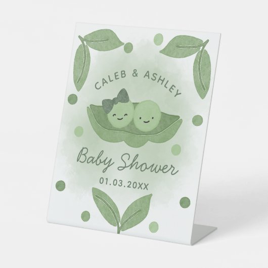 2つの豆のポッドツイン女の子の男の子の赤ちゃんシャワーへようこそ 台座サイン (正面)