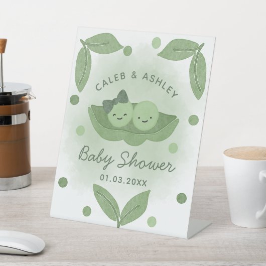 2つの豆のポッドツイン女の子の男の子の赤ちゃんシャワーへようこそ 台座サイン (インサイチュ)