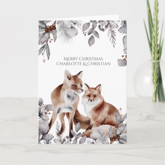 2つの赤いキツネパーソナライズされたクリスマス カード (正面)