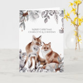 2つの赤いキツネパーソナライズされたクリスマス カード (黄色い花)
