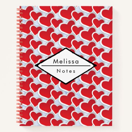 2つの赤いハートが結合された繰り返しパターン ノートブック (正面)