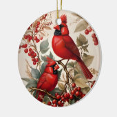 2つの赤い北(鳥)ショウジョウコウカンチョウの鳥と果実 セラミックオーナメント (左)