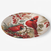 2つの赤い北(鳥)ショウジョウコウカンチョウの鳥と果実 ペーパープレート (アングル)