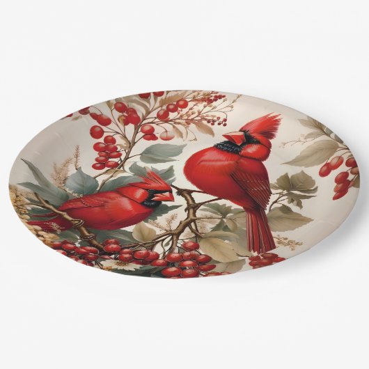2つの赤い北（鳥）ショウジョウコウカンチョウの鳥と果実 ペーパープレート (アングル)