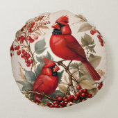 2つの赤い北(鳥)ショウジョウコウカンチョウの鳥と果実 ラウンドクッション (裏面)