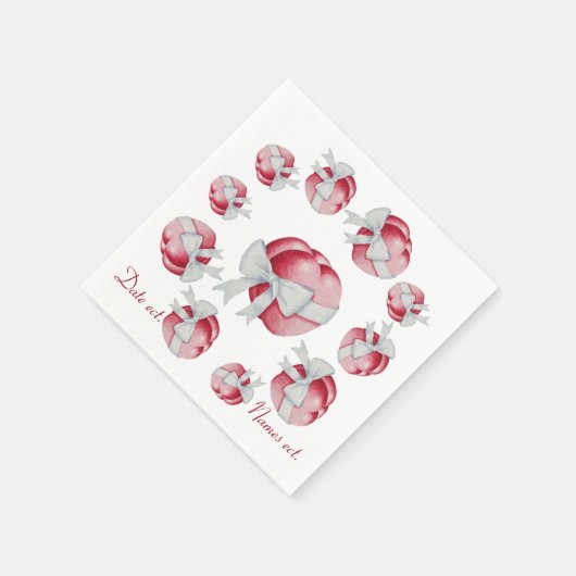 2つの赤い愛のハートと白い弓ロマン結婚チック スタンダードカクテルナプキン (角)