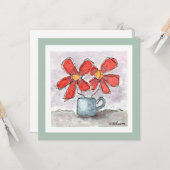 2つの赤い花水色グリーティングカード カード (正面/裏面インサイチュ)