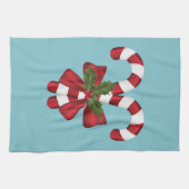 2つの赤と白フェスティバルキャンディーオンブルー キッチンタオル (横)
